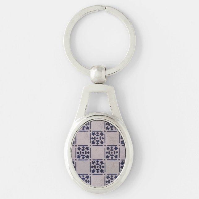 Antique Delft Blue White Pattern Dutch Tile Keychain (Front)