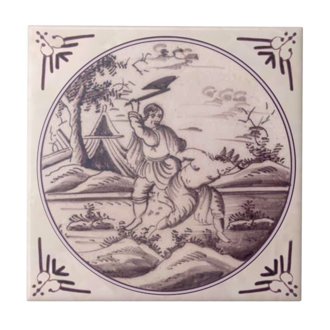 Antique Delft Manganese Biblical Cain Abel Repro Ceramic Tile (Front)