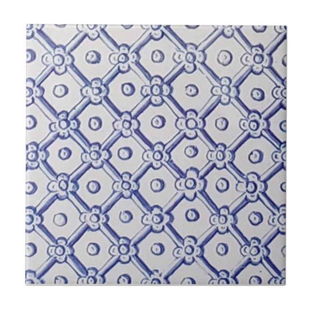 Antique Delft Tile-Blue and White Trellis Ceramic Tile (Front)