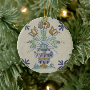 Antique Delft Tile Dutch Tulip Vase: Blue and Gold Ceramic Ornament