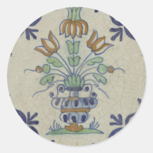 Antique Delft Tile Dutch Tulip Vase: Blue and Gold Classic Round Sticker