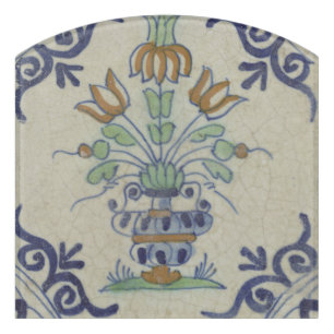 Antique Delft Tile Dutch Tulip Vase: Blue and Gold Door Sign