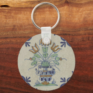 Antique Delft Tile Dutch Tulip Vase: Blue and Gold Keychain