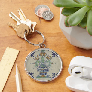 Antique Delft Tile Dutch Tulip Vase: Blue and Gold Keychain