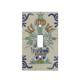 Antique Delft Tile Dutch Tulip Vase: Blue and Gold Light Switch Cover