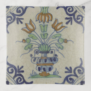 Antique Delft Tile Dutch Tulip Vase: Blue and Gold Trinket Tray