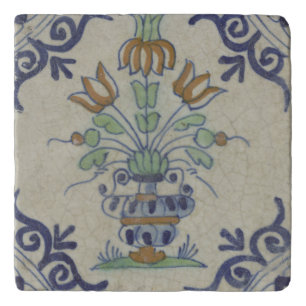 Antique Delft Tile Dutch Tulip Vase: Blue and Gold Trivet