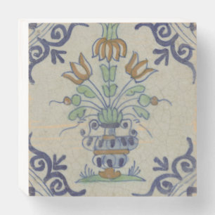 Antique Delft Tile Dutch Tulip Vase: Blue and Gold Wooden Box Sign