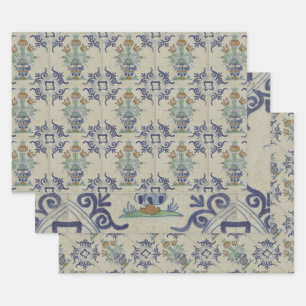 Antique Delft Tile Dutch Tulip Vase: Blue and Gold Wrapping Paper Sheets