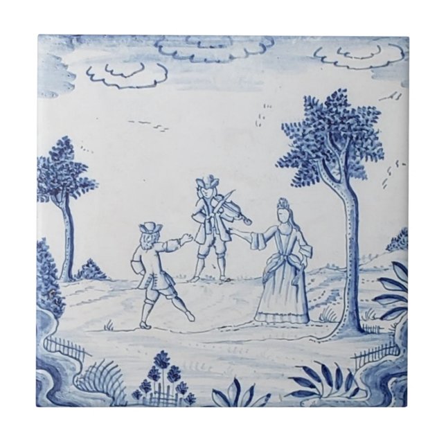 Antique Delft Tile-Pastoral Scene-Blue & White-14 Ceramic Tile (Front)