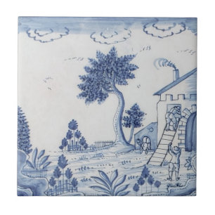 Antique Delft Tile-Pastoral Scene-Blue & White-17 Ceramic Tile