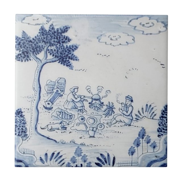 Antique Delft Tile-Pastoral Scene-Blue & White-19 Ceramic Tile (Front)