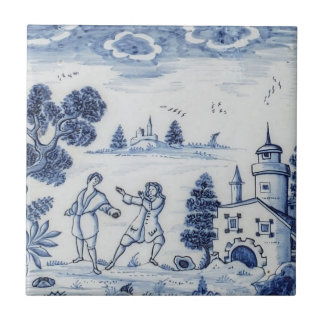 Antique Delft Tile-Pastoral Scene-Blue & White-4 Ceramic Tile