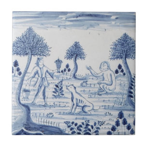 Antique Delft Tile-Pastoral Scene-Blue & White-5 Ceramic Tile