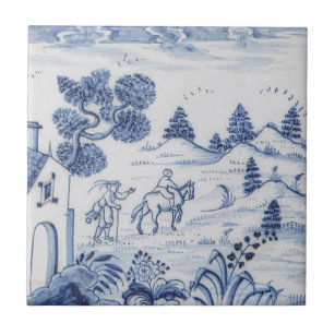Antique Delft Tile-Pastoral Scene-Blue & White-8 Ceramic Tile