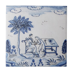 Antique Delft Tile-Pastoral Scene-Blue & White-9 Ceramic Tile