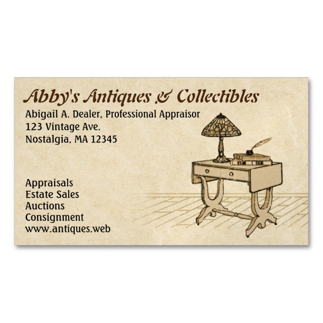 Antique Desk with Lamp, Books and Pen Business Card Magnet (Front)