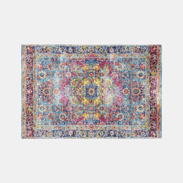 Antique Dirty Blue Fuchsia Distressed Persian Rug (Front)
