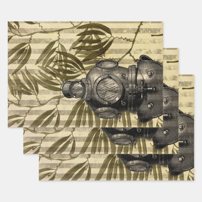 Antique Diving Helmet and Seaweed Wrapping Paper Sheets (Set)
