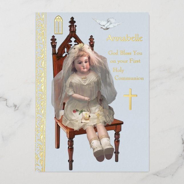 Antique Doll First Communion Foil Card (Front)