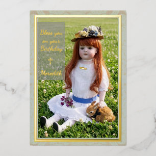 Antique Doll Flat Foil Birthday Card