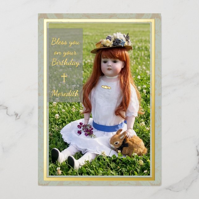 Antique Doll Flat Foil Birthday Card (Front)