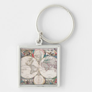 Antique Double-Hemisphere World Map Keychain