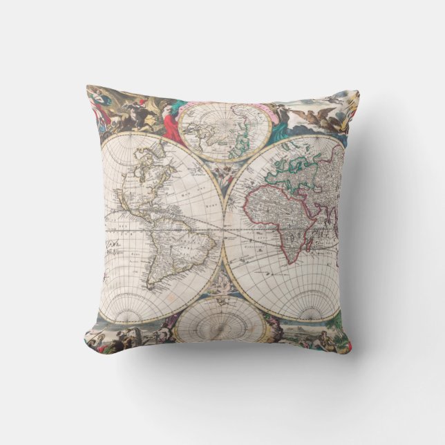 Antique Double-Hemisphere World Map Throw Pillow (Front)