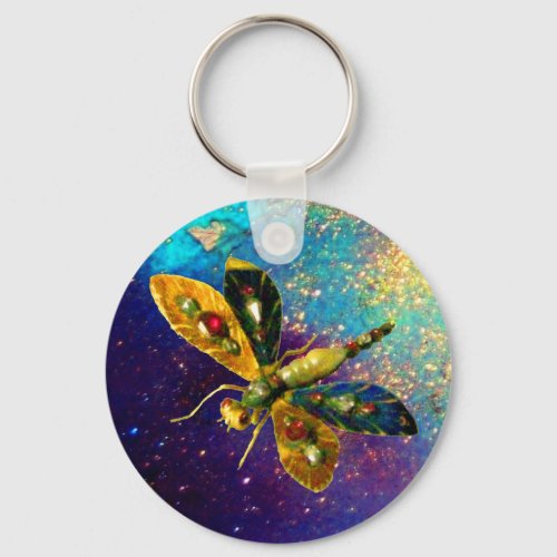 ANTIQUE DRAGONFLY JEWEL  IN BLUE GOLD SPARKLES KEYCHAIN