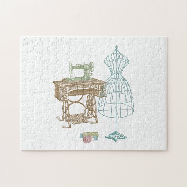 Antique Dressmaker Kit Vintage Sewing Illustration Jigsaw Puzzle (Horizontal)