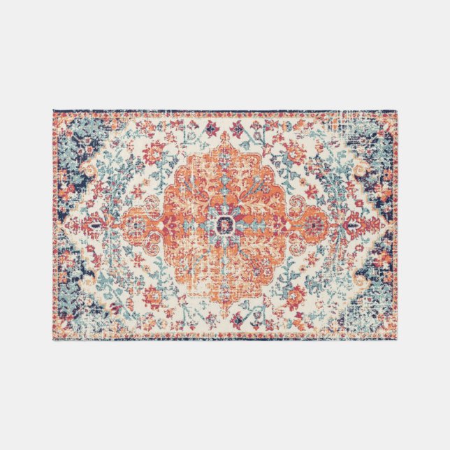 Antique Dull Orange Boho Ethnic Distressed Turkish Rug (Front)