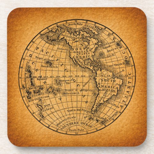 Antique Earth World Map Vintage Globe Art Beverage Coaster