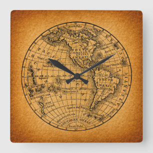 Antique Earth World Map Vintage Globe Art Square Wall Clock