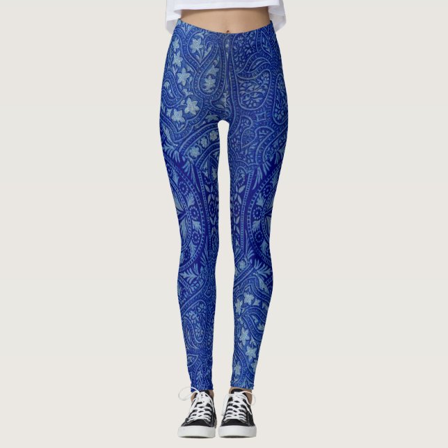 antique East Indian print in blue Leggings (Front)