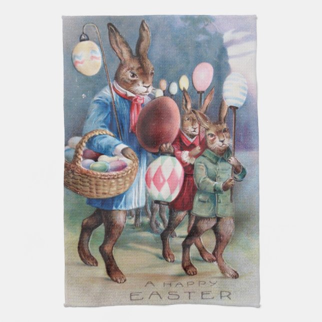 Antique Easter Bunny Parade Post Card Egg Lanterns Towel (Vertical)
