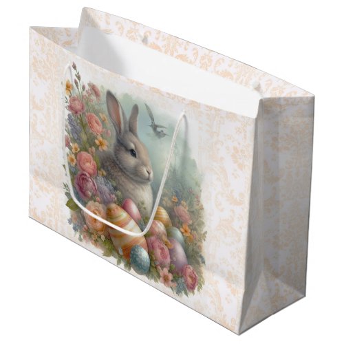 Antique Easter Bunny with Damask Floral Large Large Gift Bag