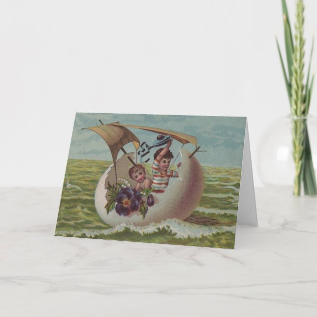 Antique Easter Card Sailing Egg Children (Front)