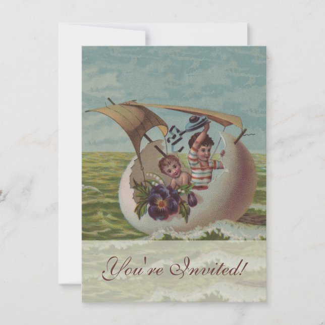 Antique Easter Card Sailing Egg Children (Front)