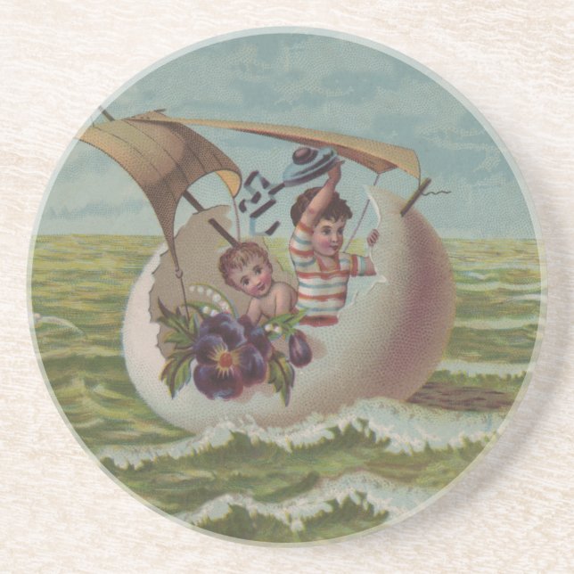 Antique Easter Card Sailing Egg Children Coaster (Front)