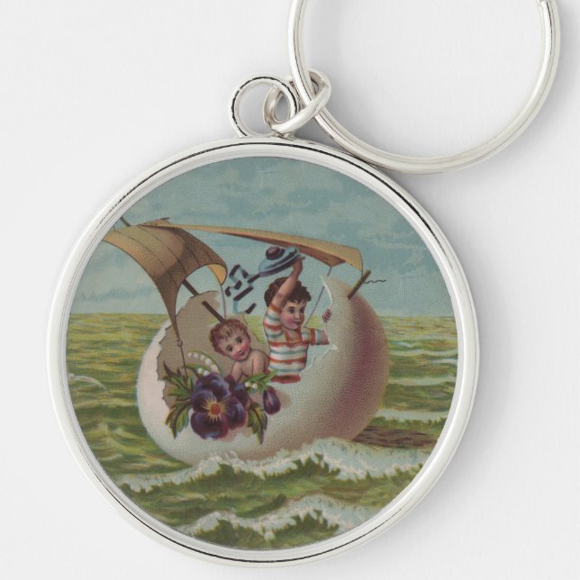 Antique Easter Card Sailing Egg Children Keychain (Front)