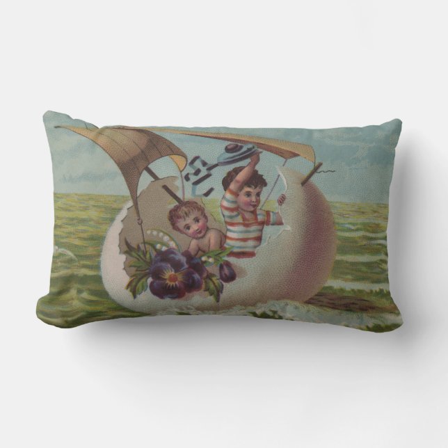 Antique Easter Card Sailing Egg Children Lumbar Pillow (Front)