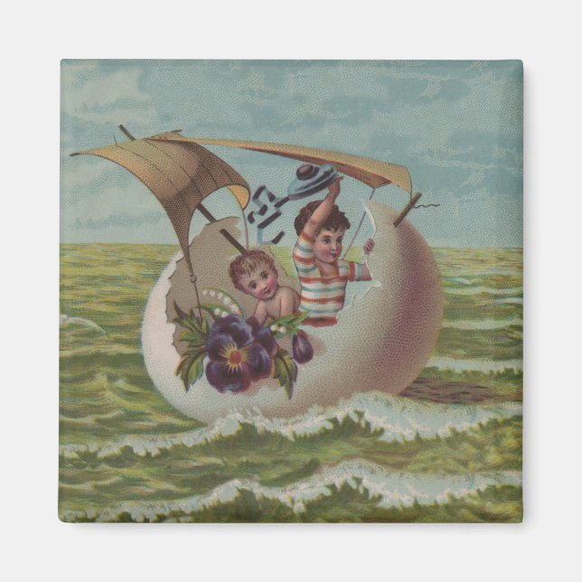 Antique Easter Card Sailing Egg Children Magnet (Front)