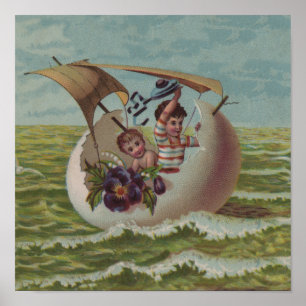 Antique Easter Card Sailing Egg Children Poster