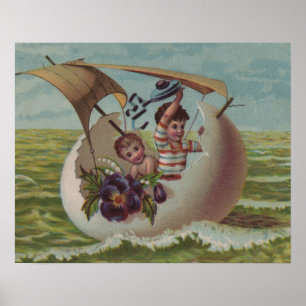 Antique Easter Card Sailing Egg Children Poster