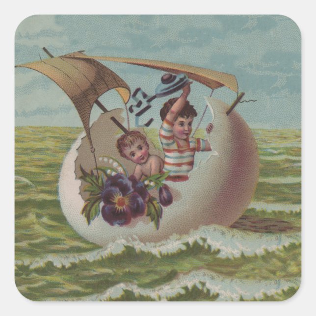 Antique Easter Card Sailing Egg Children Square Sticker (Front)