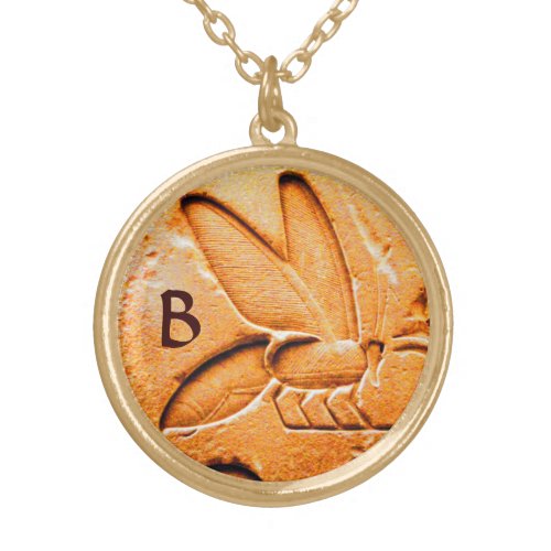 ANTIQUE EGYPTIAN HONEY BEE BEEKEEPER MONOGRAM GOLD PLATED NECKLACE