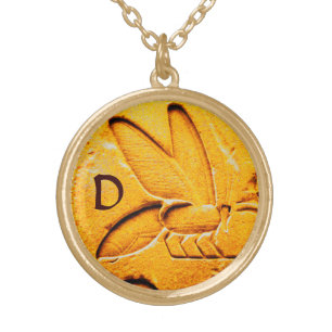 ANTIQUE EGYPTIAN HONEY BEE BEEKEEPER MONOGRAM GOLD PLATED NECKLACE