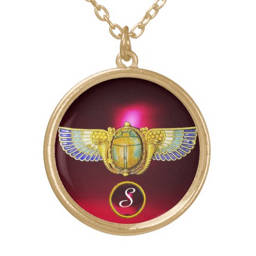 ANTIQUE EGYPTIAN WINGED SCARAB CORNUCOPIA JEWEL GOLD PLATED NECKLACE