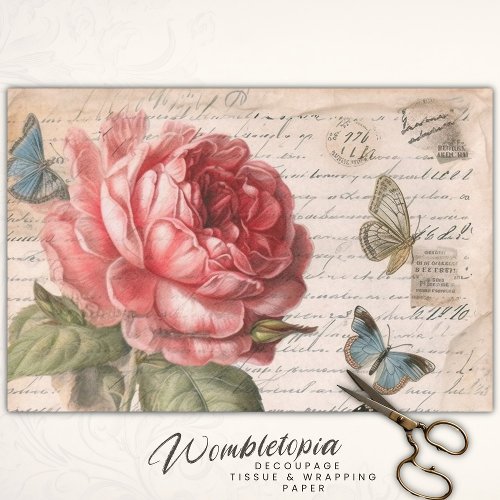 Antique Elegance Rose and Butterfly Decoupage Tissue Paper