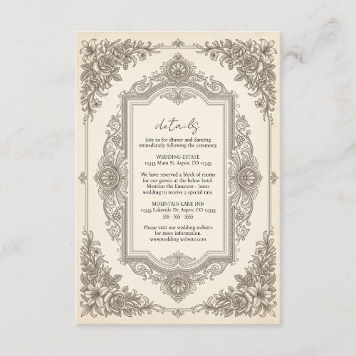 Antique Elegant Wedding Details Card